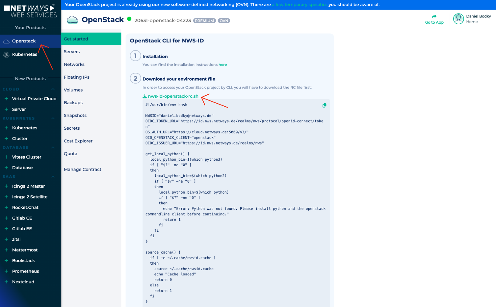 Screenshot des Get Started Reites in MyNWS OpenStack