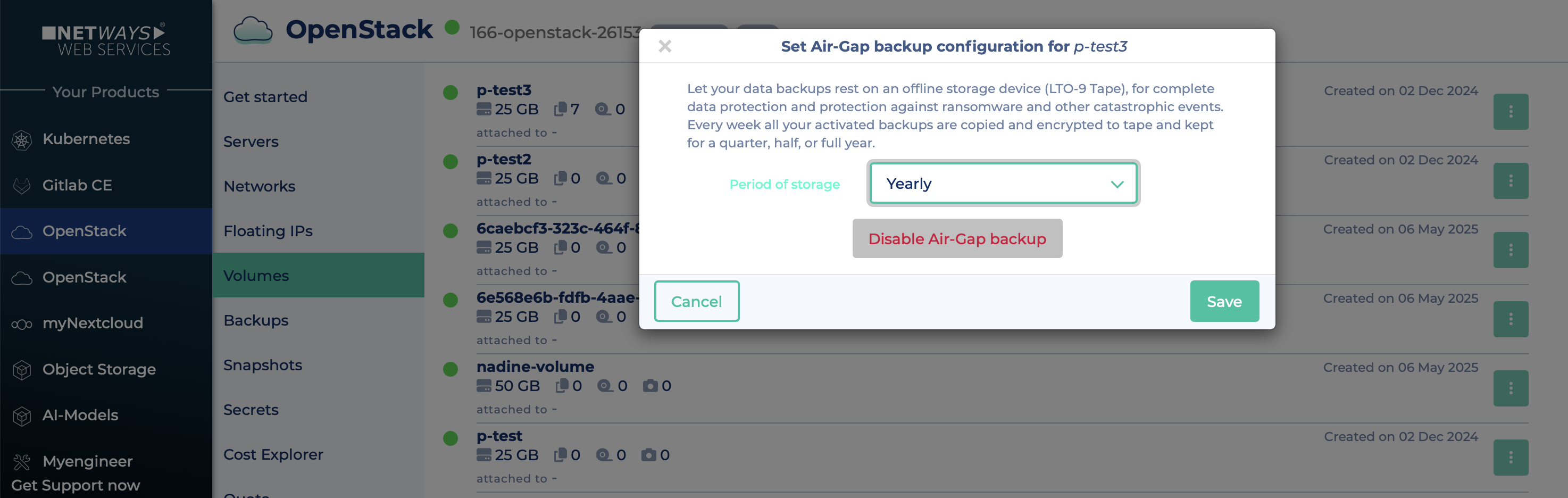 Screenshot des Air-Gap Backup Dialogs