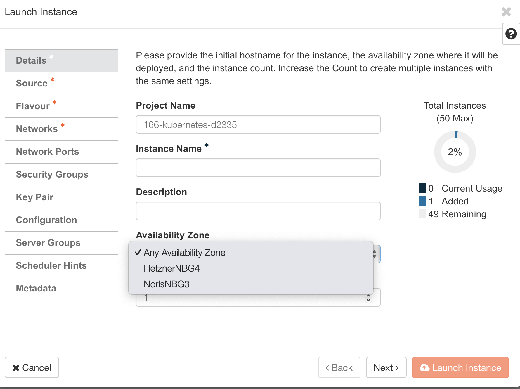 Screenshot des Create Instance Dialog inkl. Availability Zone