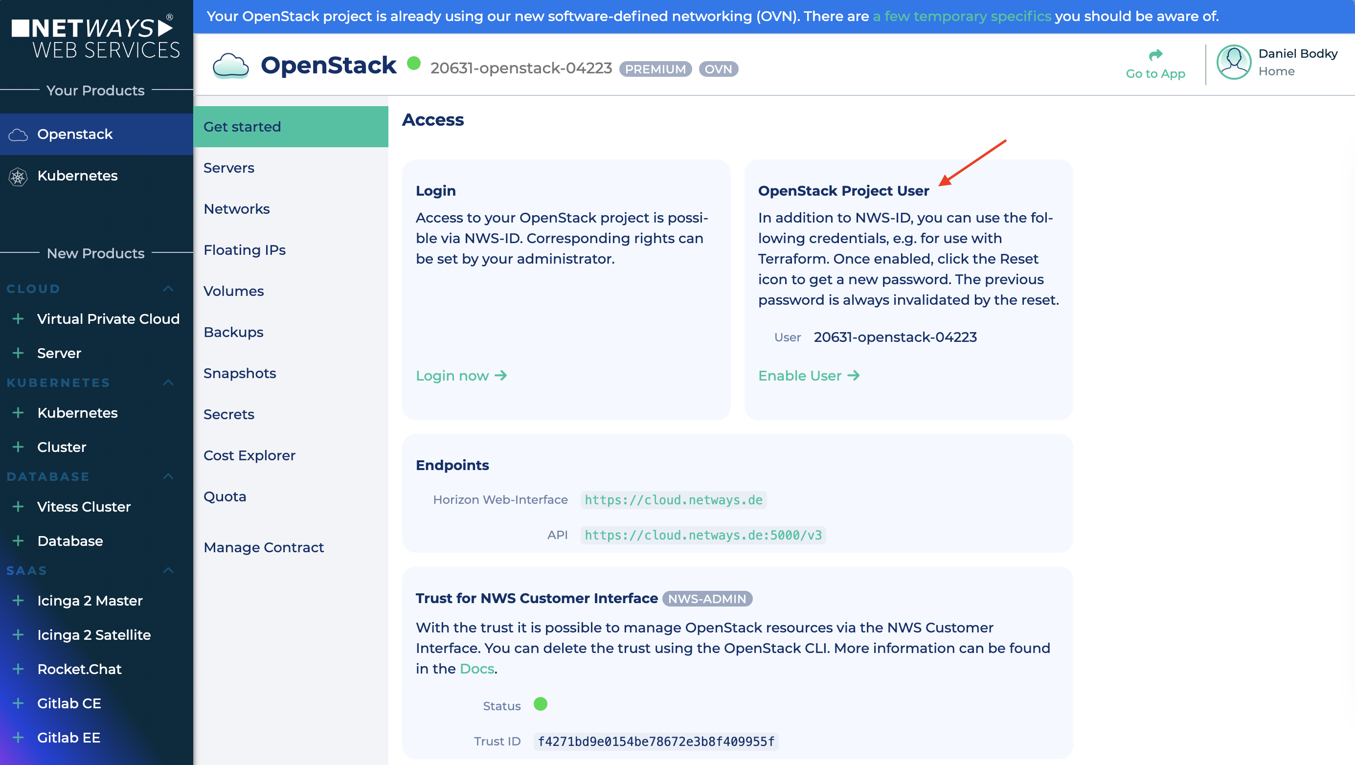 Screenshot of the OpenStack project overview in MyNWS