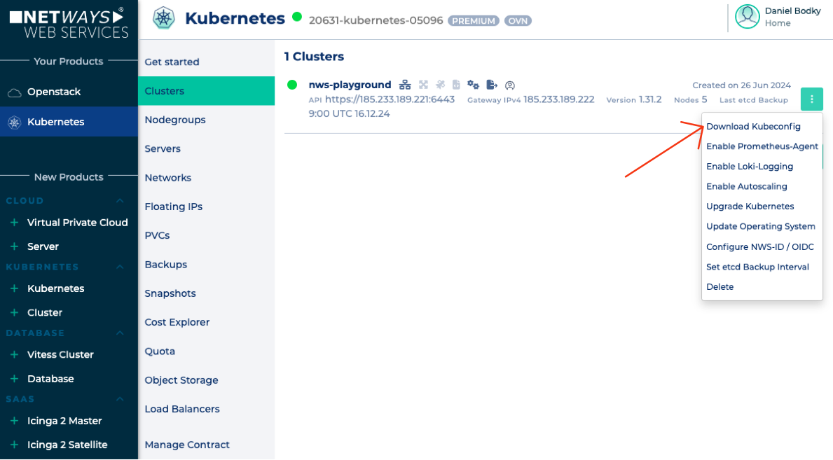 Download the kubeconfig from MyNWS