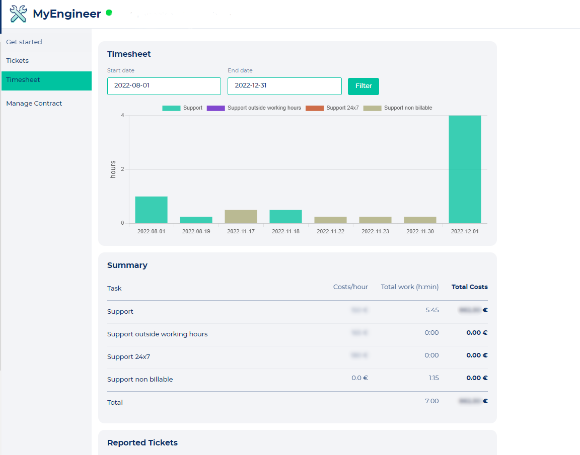 Screenshot der MyEngineer<sup>®</sup>-Kostenübersicht in MyNWS
